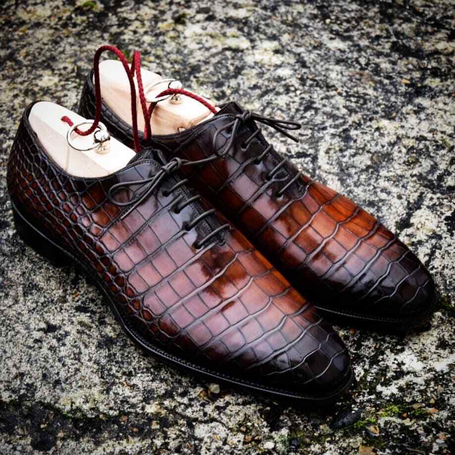 Handmade Mens Brown Crocodile Texture Lace up dress shoes, Men alligators  shoes