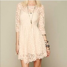 Free People Cream 3/4 Sleeve Lace Overlay V-shaped   Fit & Flare A-line