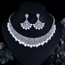 Silver Plated CZ Pearl Dangle Drop Earrings Necklace Bridal Wedding Jewelry Set