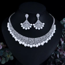 Silver Plated CZ Pearl Dangle Drop Earrings Necklace Bridal Wedding Jewelry Set