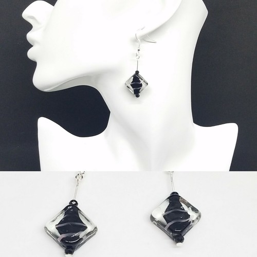 Handmade Glass Bead Dangle Earrings Blk/Purlp Zebra Stripe silver hook Earrings - Picture 6 of 6