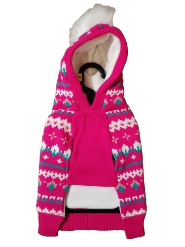 Novogratz Fleece Lined Hooded Dog Sweater XS Pink w/Multicolor Design White Pom - Picture 5 of 12