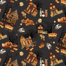 Halloween Fabric | Haunted Village House Wagon Pumpkin Toss | Henry Glass YARD