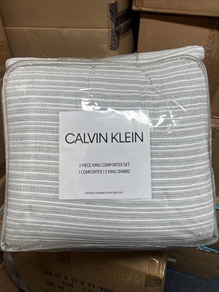 Juego de edredón a rayas reversibles de algodón Calvin Klein de 3 piezas RAYAS GRIS PELTRE Foto 4 de 4