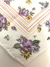 Vtg Handkerchief Purple Violets MCM Colorful Floral Geometric Border 12" Hankie