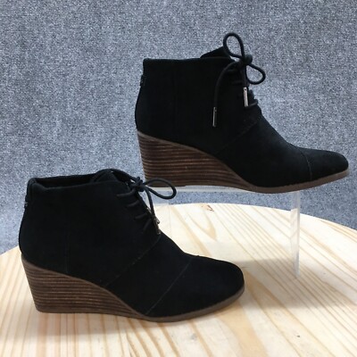 Toms Boots Womens 7 Hyde Ankle Bootie Black Lace Up Wedge Heels Casual 10016850
