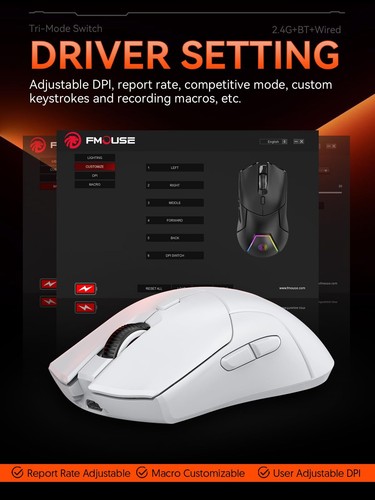 White Wireless Gaming Mouse Tri Mode 2.4G/Bluetooth/Wired PAW3311 Sensor 1200... - Picture 4 of 7