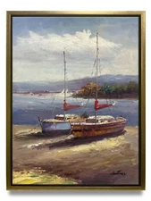 Hungryartist -Original Painting of Boats on Canvas 12x16 Framed