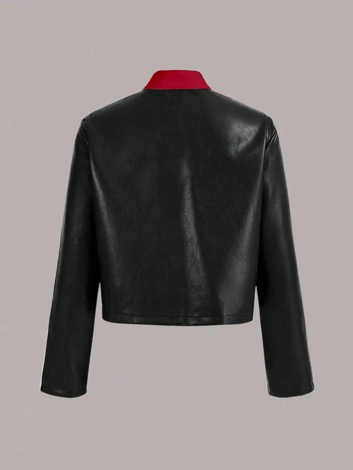 Women’s Leather Moto Jacket Red Black White Racing Striped Biker Zip Up Coat - Image 3 of 4