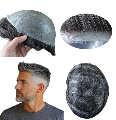 Human Hair Replacement System for Men Thin Poly Skin Toupee BIO Hairpieces #1B30