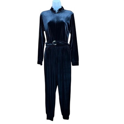 Fraiche by J Velvet Jumpsuit Womens M Black Belted Minimalist Baddie Party Glam