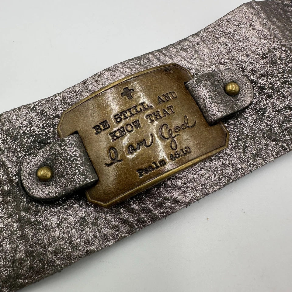 Leather Cuff Bracelet Metallic Silver Bronze Plate Be Still and Know Psalm 46:10 - Image 2 of 4