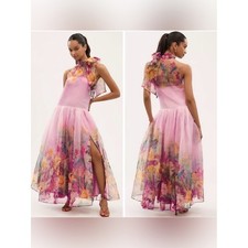 Anthropologie BHLDN Kendall High Neck Scarf Floral Organza Maxi Dress Pink S