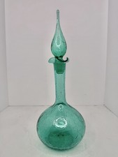 Vintage MCM Blenko 37 Sea Green Crackle Decanter W/Stopper Sandblasted