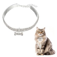 Rhinestone Cat Collar, with Bone Pendant 8-10 In, White for Pet
