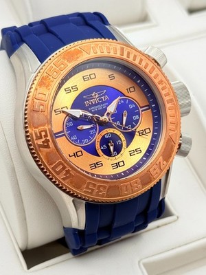 Invicta Chronograph Herrenuhr Sportlich Edelstahl Silikon Blau Kupfer Optik Box