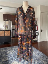 Gabrielle Sheer Abstract Print Midi Shirt Dress Duster Womens Medium Boho