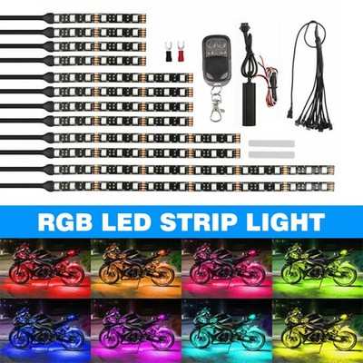 12Pcs Motorcycle RGB LED Waterproof Under Glow Lights Strip Neon Kit APP Control