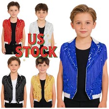 Kids Boys Shiny Sequin Tassel Vest Open Front Fringe Cowboy Jacket Street Jazz