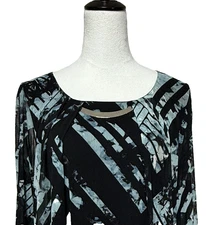 Alfani Top Womens Large Black Blue Geometric Flowy Long Sleeve Nylon Career NWT