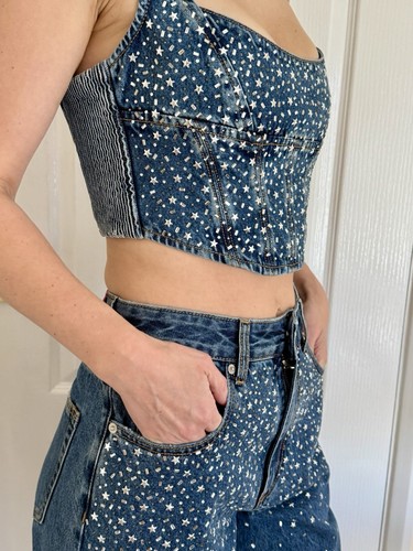 Alessandra Rich Denim Bustier Top W/crystals IT40/UK8/FR36/US4 - Picture 4 of 17