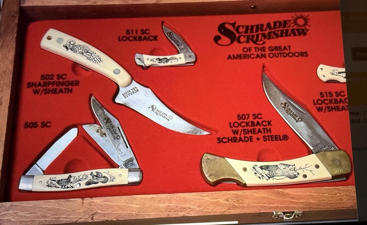 Schrade Scrimshaw 1992 Limited Edition Knife Set in Wooden Box | eBay