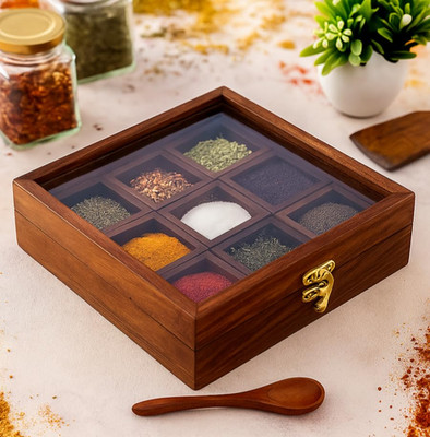 Sheesham Wood Spice Box with 2 Spoons   9 Compartments Masala Box/Masala Dabba