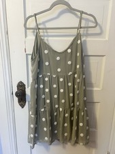 MINE Tiered Sage Green Sheer Textured White Polka Dot Short Loose Dress Large