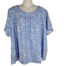 Denim & Co Womens Scenic Print Short Sleeve Crew Neck Blouse Large Blue Haze