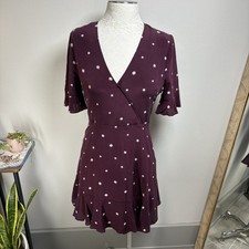 Madewell Women  s 6  Burgundy Star Print Silk Flutter Hem Lined Mini Dress H3616