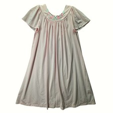 Vintage Shadowline Nightgown Pink Embroidered Roses Large Flutter Sleeve USA