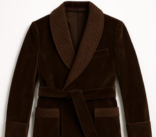 Men's Brown Velvet Smoking Jacket Robe Quilted Satin Lapel Lounge Coat for party