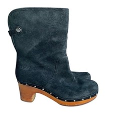 UGG Lynnea Suede Clog Boots Women's Size 7 Black Shearling Studded Wood Heel