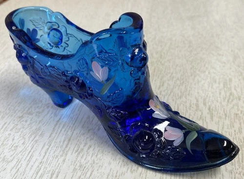 Vintage Fenton Cobalt Blue Glass Hand Painted Signed Floral Shoe