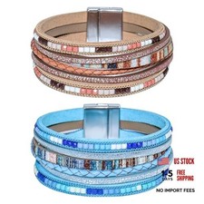 Bracelets for Women, 2Pcs Leather Wrap Layer Bracelets Boho Rustic Blue Khaki