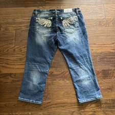 Miss Me Easy Crop Capri Jeans Women's Blue Denim Embellished Pockets Sz 34