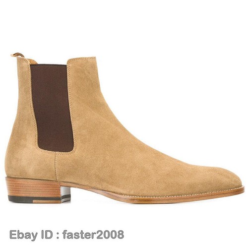 Pull on Mens Pointed Toe Chelsea Ankle Boots Block Heel Real Suede Leather Shoes - 第 3/27 張圖片
