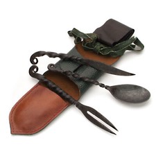 Medieval Style Iron Eating Utensil Set with Protective Pouch
