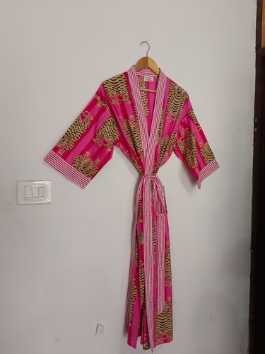 Indian Cotton TIGER Print Nightwear Dress Long Kimono Bath Robe Sleepwear Robes - Picture 5 of 12