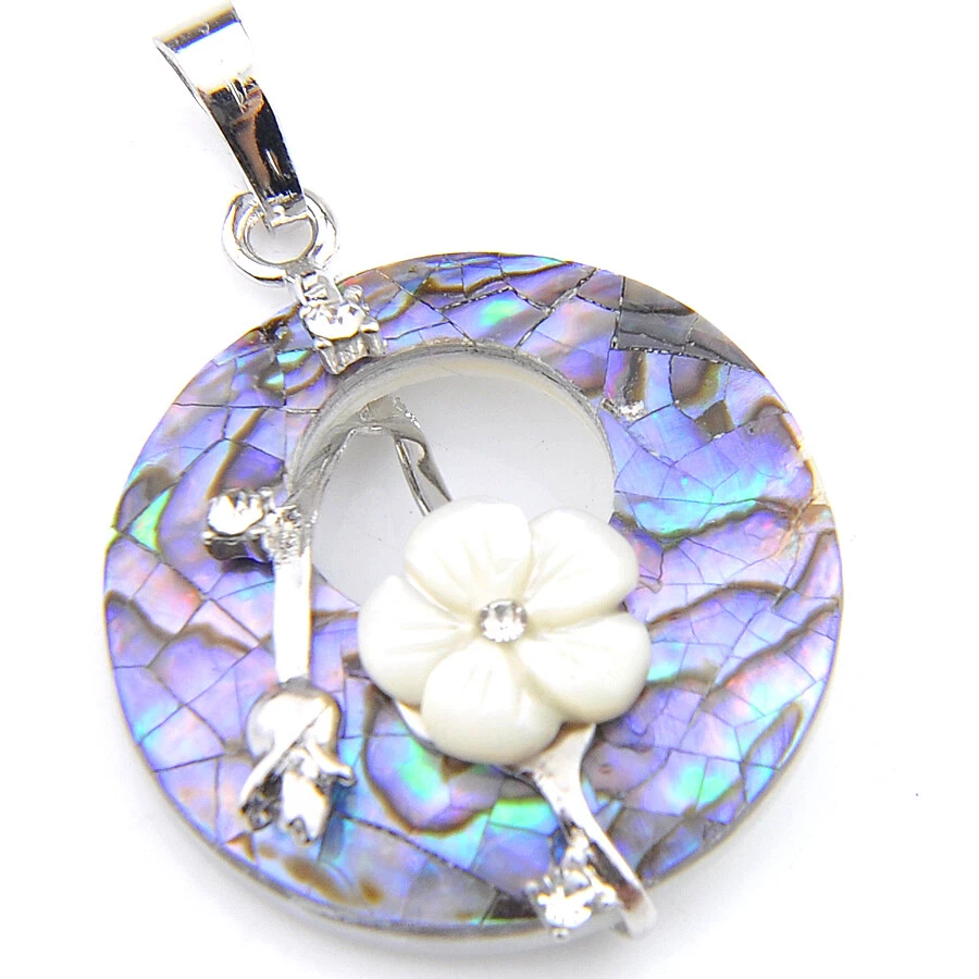 Радужная раковина ручной работы из абалона цветок резная раковина драгоценные камни серебряное ожерелье кулон - Изображение 2 из 4