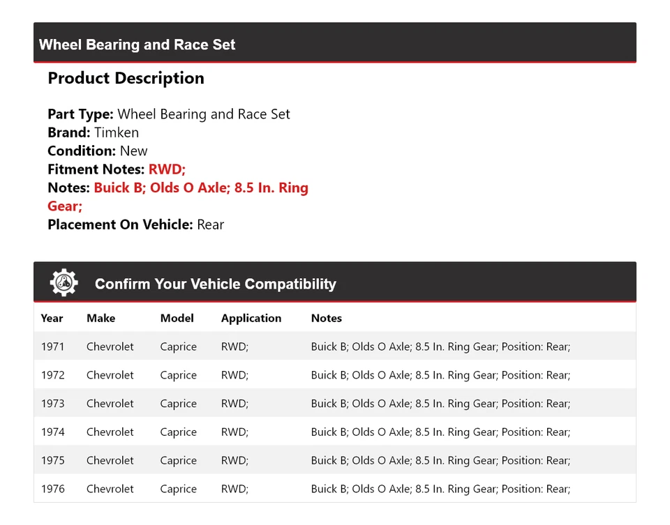 Juego de cojinetes de rueda y carreras trasero Timken 1972 para Chevrolet Caprice 1971-1976 tracción trasera Foto 2 de 4