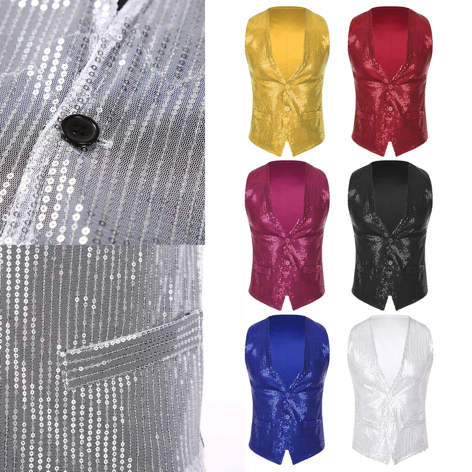 Men Women Glittery Sequin Vest Top Button Sleeveless Dance Performance Waistcoat - Image 2 of 3