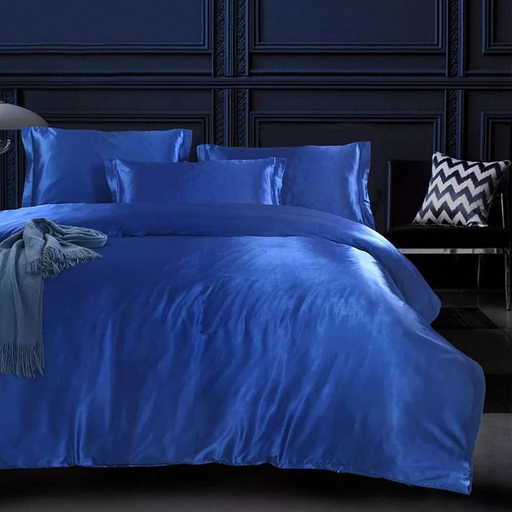Satin Comforter Set Queen Royal Blue 7PC Comforter Flat Fitted Sheet Pillowcase