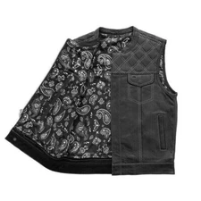 Leather Biker Vest Men's Riding Club Black/White Motorcycle Vest Diamond Quilted