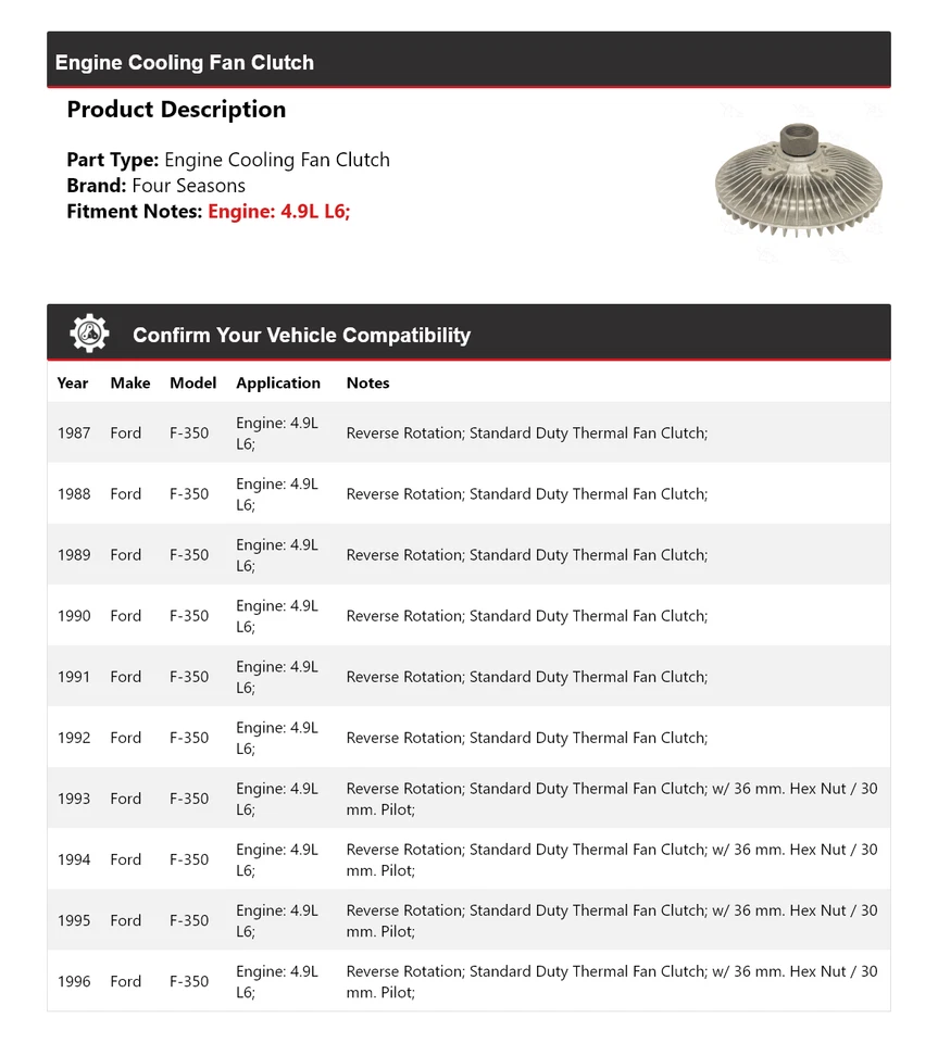 Embrague ventilador refrigeración motor 4 estaciones 1988 1989 Ford F-350 1987-1996 4,9 L L6 Foto 2 de 4