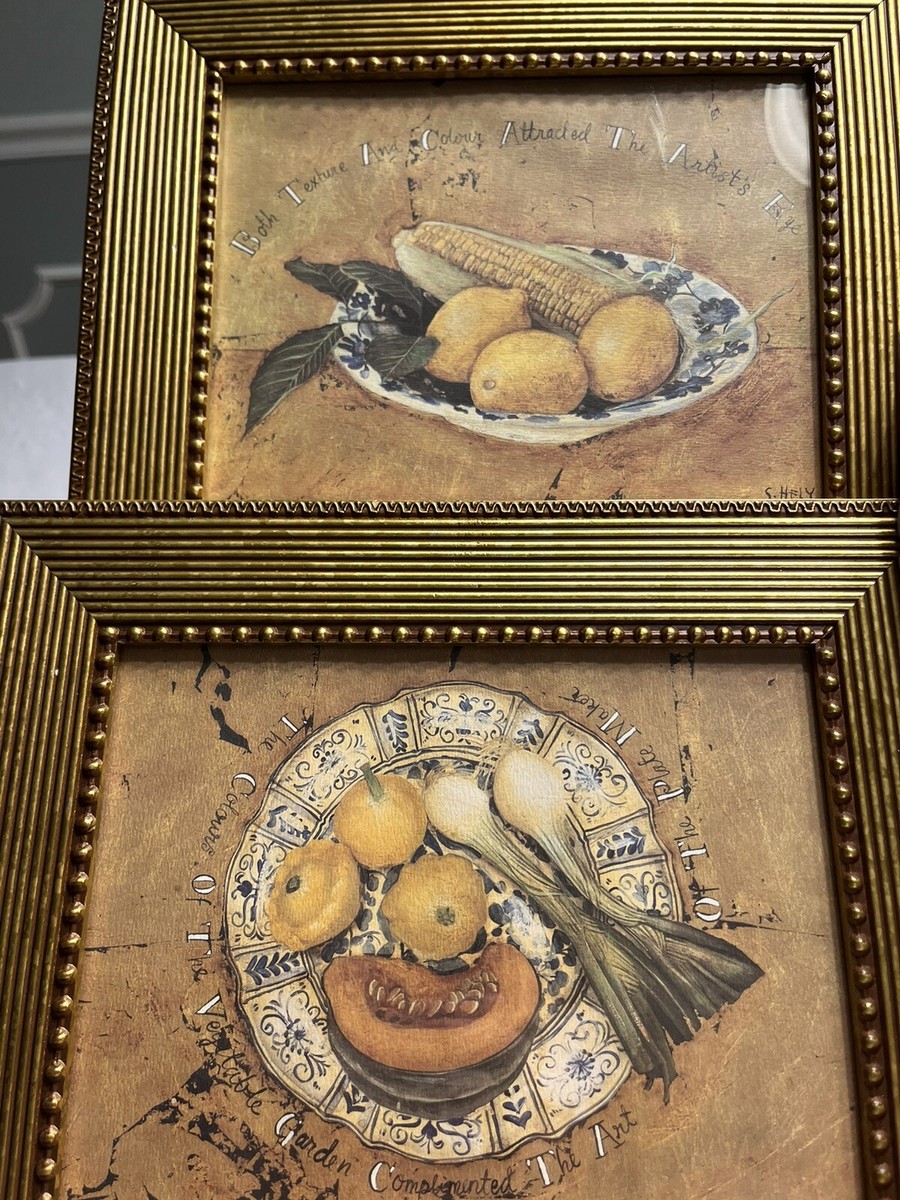 Pair of Shelley Hely Lemon Melon Print Heavy Gold Frame French