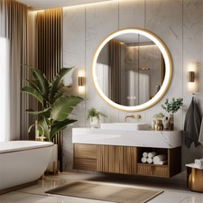 Espejo LED redondo para baño con luces delanteras Espejos de maquillaje con marco de metal dorado