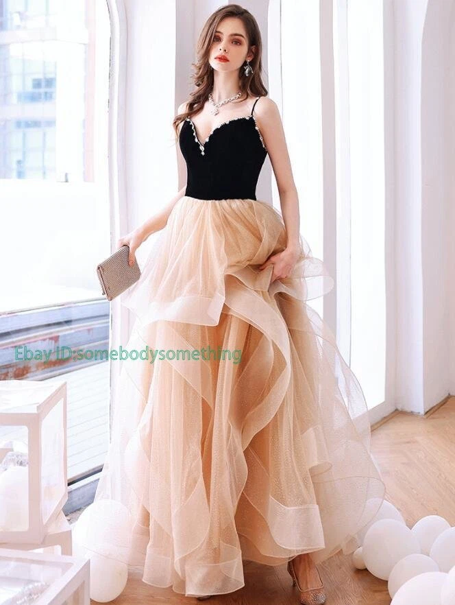 Gorgeous Black Diamante Spaghetti Strap Tulle Evening Dresses