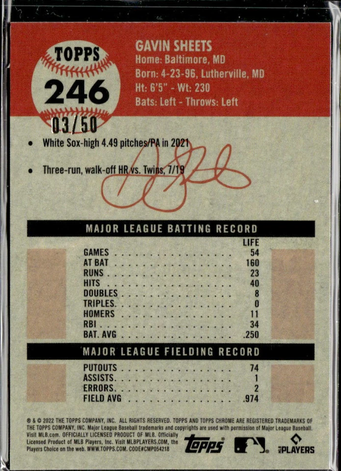 2022 Topps Platinum Anniversary /50 Gavin Sheets Chicago White Sox #246 - Image 2 of 2