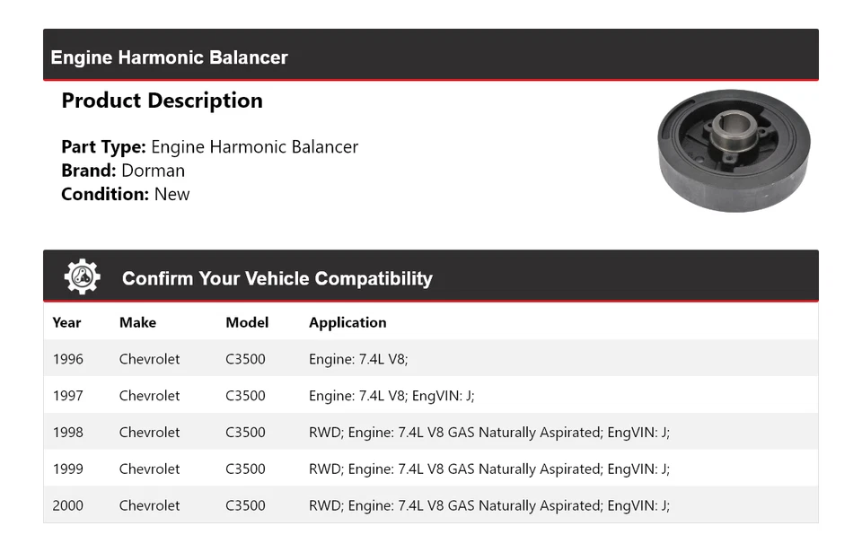 Equilibrador armónico de motor Dorman para Chevrolet C3500 1996-2000 1997 1998 1999 Foto 2 de 4